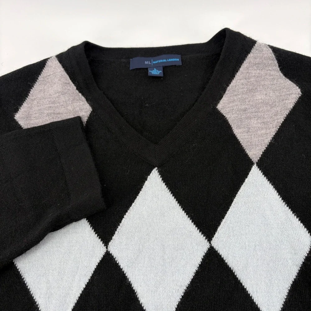 ML MATERIAL LONDON Mens V Neck Argyle Sweater‎ WOOL Black White Grey Size L